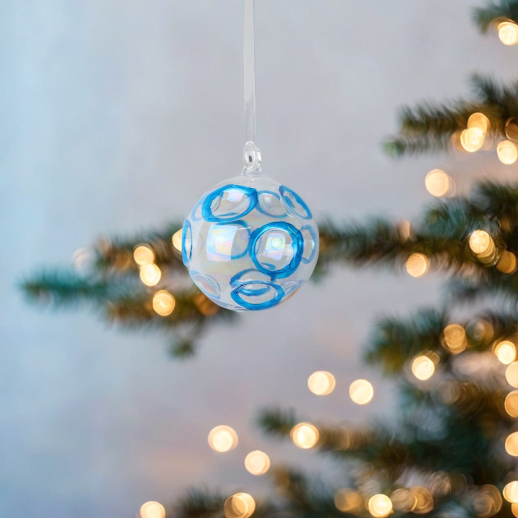 Blown Glass Christmas Ball Ornament with Blue Circles