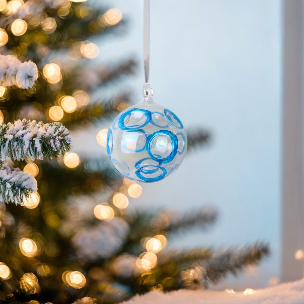 Blown Glass Christmas Ball Ornament with Blue Circles