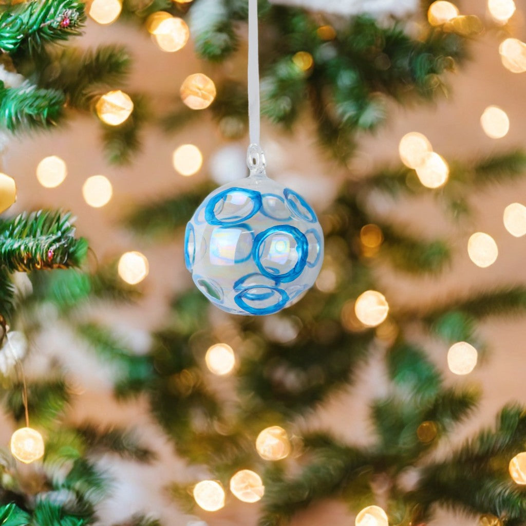 Blown Glass Christmas Ball Ornament with Blue Circles